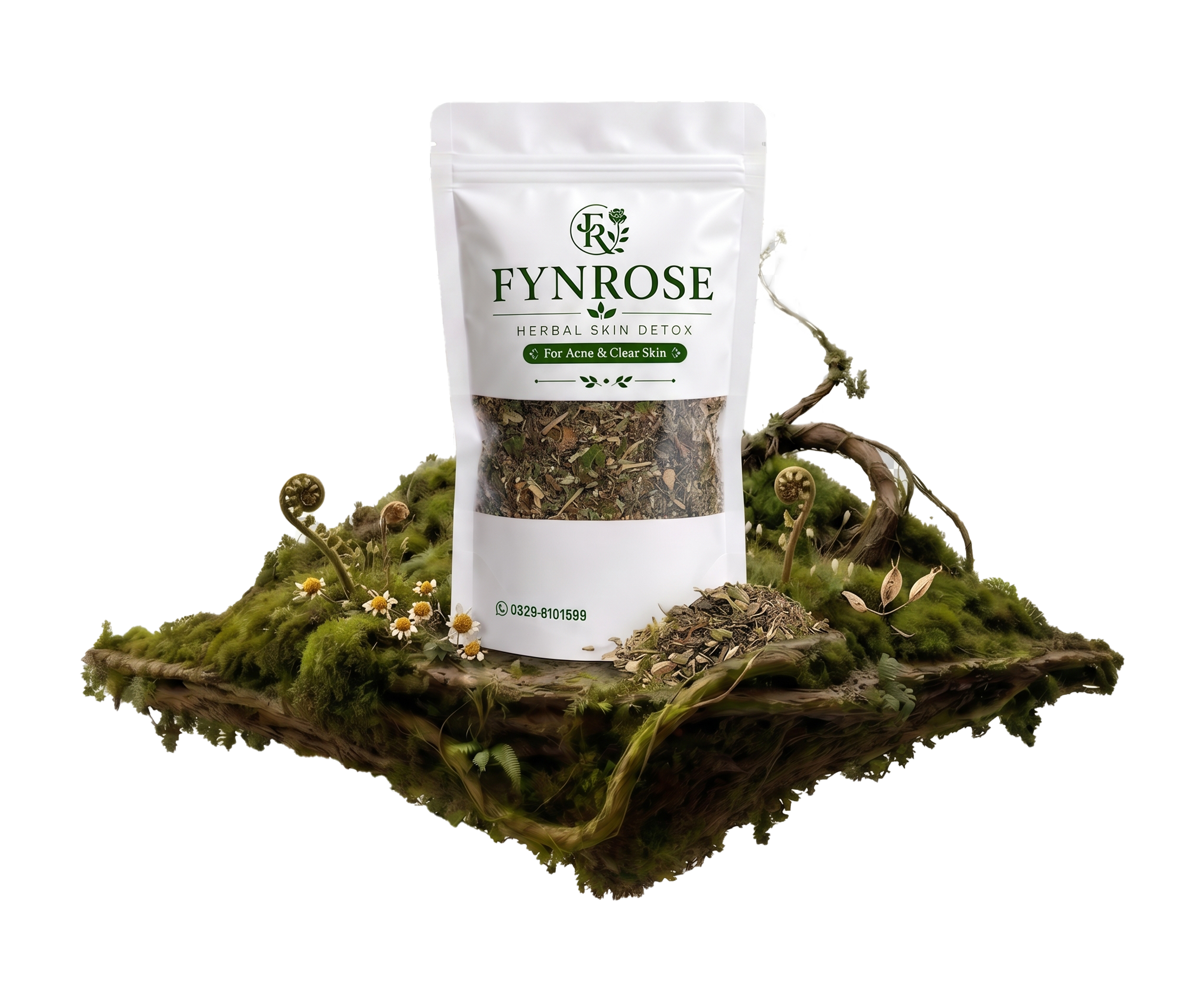 Fynrose Herbl Skin Detox pouch staged on moss and bark